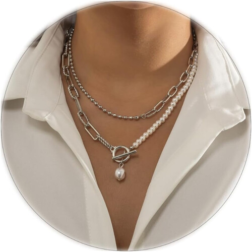 Pearl Statement Necklace for Women Chunky Adjustable Long