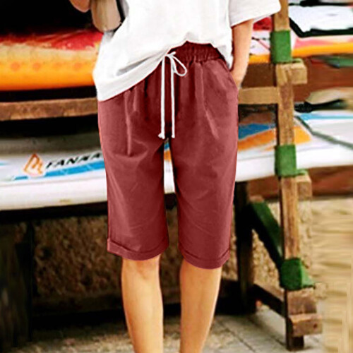 Brune damebermudashorts i bomull og lin med elastisk midje 1