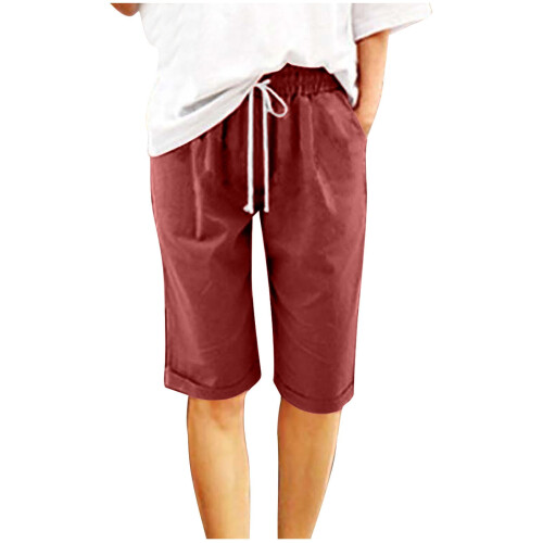 Brune damebermudashorts i bomull og lin med elastisk midje 2