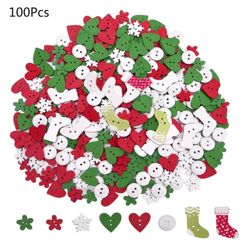 Wooden Christmas Buttons Assorted 100 pcs