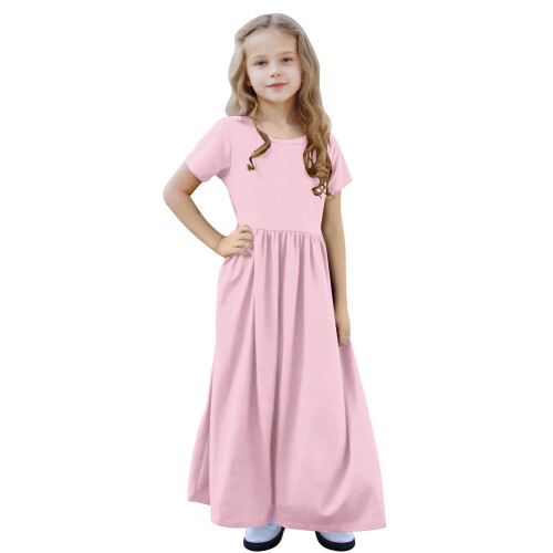 Mädchen-Sommerkleid, einfarbig, A-Linie, Kurzarm, Rundhalsausschnitt 1