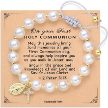 Virgin Mary Pearl Bracelet 14K Gold Plated Adjustable Cross