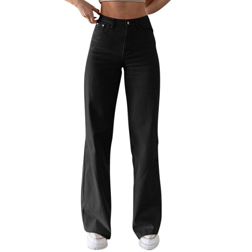 Sorte ensfarvede jeans med løs pasform og lige ben til damer L
