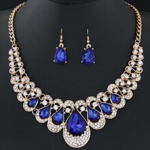 Water Drop Faux Gem Necklace and Earrings Set Blue 2 Pieces