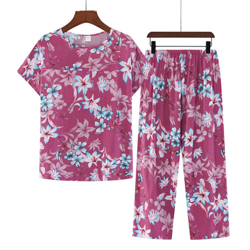 Women's Summer Printed 2-Piece Pajama Set Round Neck Short 1