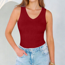 Women's Ribbed Knit Tank Top V-Neck Sleeveless Solid Color