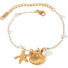 Shell Starfish Anklet with Pearl Beads Gold-Plated
