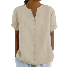 Beige Leinenbluse für Damen mit Knopfleiste und kurzen Ärmeln