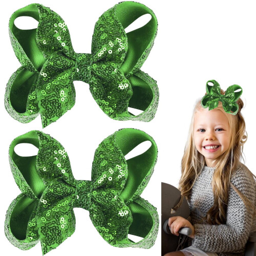 Presilhas de cabelo com laços verdes com glitter, 12,7 cm (5 polegadas), 2 unidades