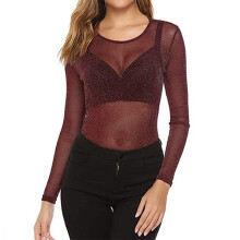 Top de manga larga de malla transparente para mujer, color rojo, talla M