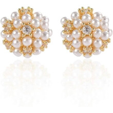 Round Pearl Flower Stud Earrings Sterling Silver Gold-Tone