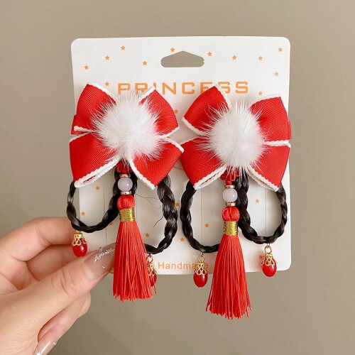 Presilhas de cabelo estilo chinês com borlas e pompons de pelo (1 par)