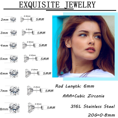 Stainless Steel Cartilage Studs 7 Pairs 2–8mm 2