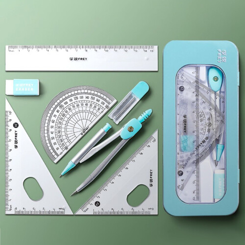 Compass and Ruler Set Triangle Protractor Rubber 7 PCS