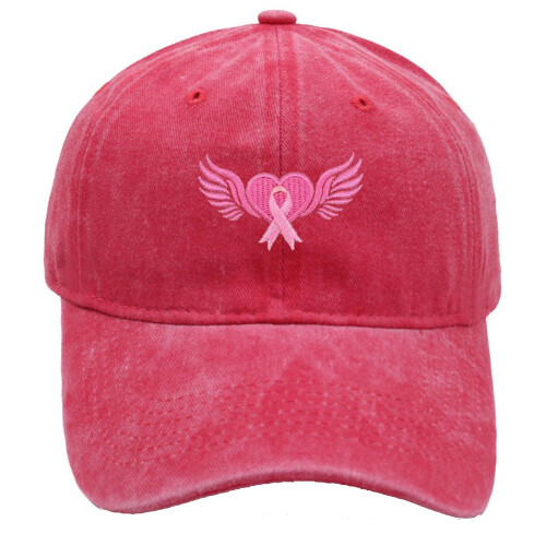 Pink Ribbon Baseball Cap Embroidered Wings Adjustable Denim