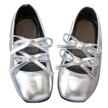 Mary Jane Sandals for Girls, Bow Detail, Silver, Size 2-2.5