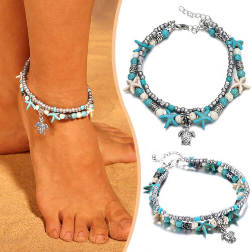 Women's Starfish Anklet Alloy Turquoise Beaded Boho Style 2