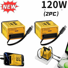 120W GaN-oplader met intrekbare stekker, 2 stuks, geel