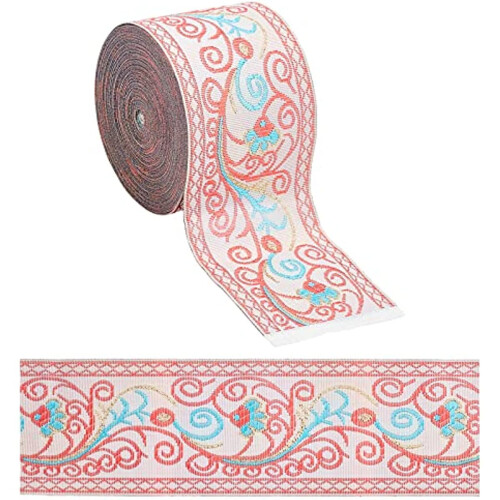 Ruban jacquard floral vintage à franges rose, 7,7 m