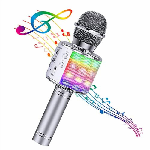 Wireless Karaoke Microphone with LED Lights 4-in-1 Silver