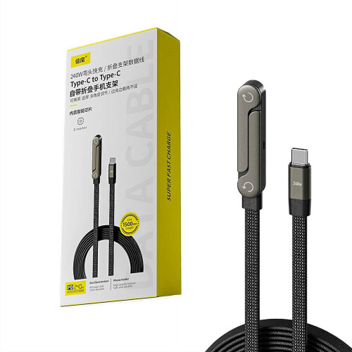 240W Type C Fast Charging Cable with Built-in Foldable Phone Holder,, Multi-Angle Adjustable Stand, Alloy + Braided Cor 1