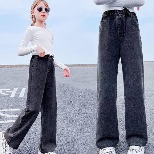 Girls' Black Denim Long Pants with Pockets and Adjustable 1