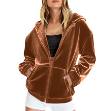 Damen-Samt-Hoodiejacke, einfarbig, durchgehender Reißverschluss mit Kapuze