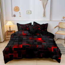 Geometric Comforter Set Red Black 3 PCS Honeycomb Design