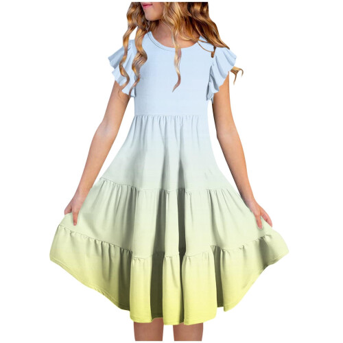 Mädchen-Sommerkleid, hellblau, Rüschenärmel, gestufter A-Linien-Schnitt, Midi 1