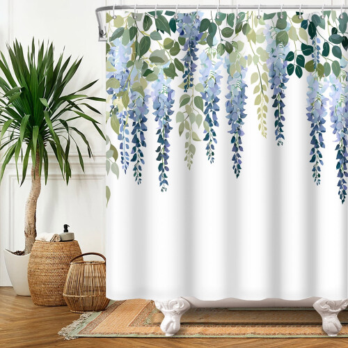 Cortina de chuveiro floral azul lavanda com ganchos, 60x72 polegadas. 1