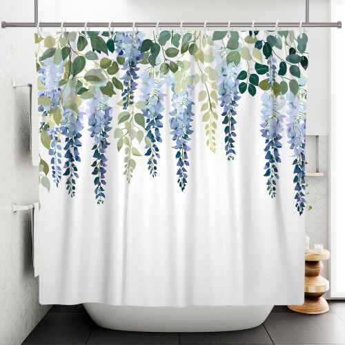 Cortina de chuveiro floral azul lavanda com ganchos, 60x72 polegadas. 2