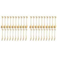 Dessert Spoon Fork Set,40 Pcs 4.7 Inch Cake Fork,Coffee Spoon, Gold Leaf Fruit Fork,(10 Spoon + 10 Fork)