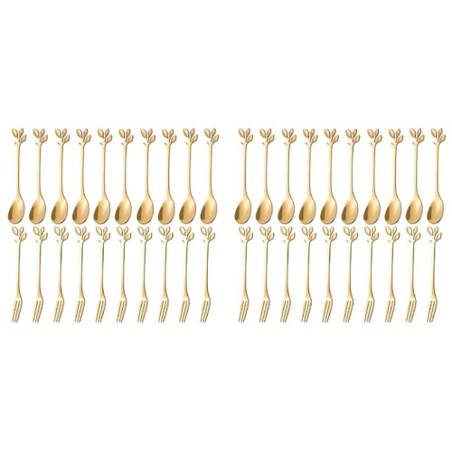 Dessert Spoon Fork Set,40 Pcs 4.7 Inch Cake Fork,Coffee Spoon, Gold Leaf Fruit Fork,(10 Spoon + 10 Fork)