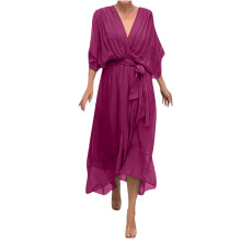 Women's Chiffon Dress V-Neck Batwing Sleeve Elastic High