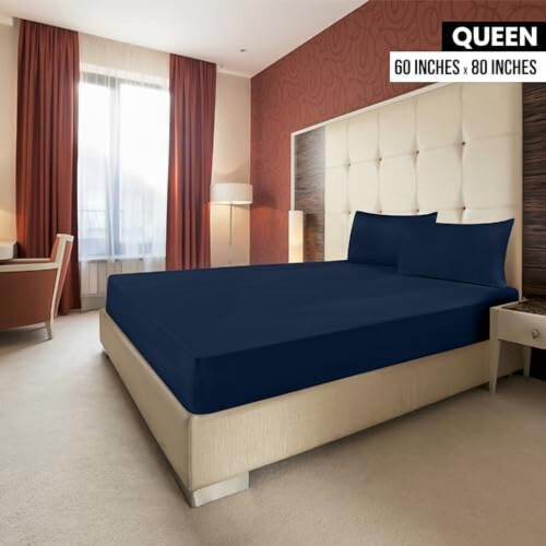 Cearșafuri cu mânecă Queen, microfibră periată bleumarin, pachet de 6
