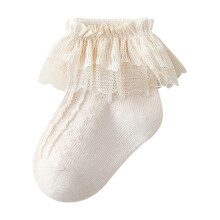 Girls' cotton ruffle socks with lace trim yellow 0-1 years