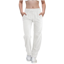 Girls Cotton Linen Pants Loose Fit Elastic Waist White