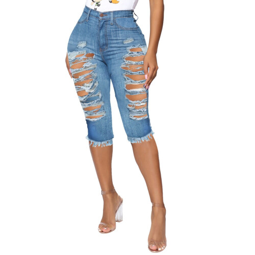 Damesjeans van lichtblauw polyester met scheuren