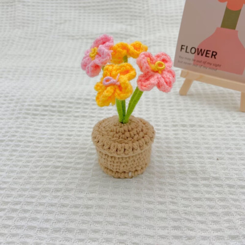 Handmade Knitted Flower Pot Decor with Crochet Rose 2