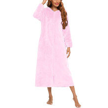 Women's Flannel Bathrobe with Hood and Zipper Pink L