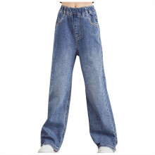 Girls' blue denim pants with pockets, casual comfort,