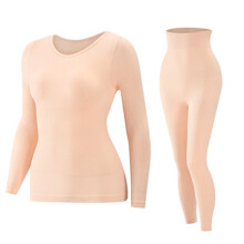 Womens Winter Warm Pajamas Set: Lace Top with Fleece Lining & Padded Bra – Beige, Free Size