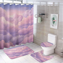 4-Pc Shower Curtain Set w/ Non-Slip Rug, Lid Cover & Bath Mat – Pastel Clouds, White & Pink, Waterproof, Aesthetic Decor for Girls’ Room, Nursery,