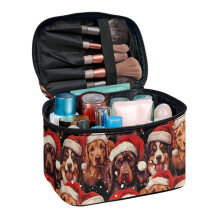 Toiletry Cosmetic Travel Bag Portable Cosmetic Bag Organizer Wide Open Portable Pouch Mom for Men and Women, Dog in Santa Hat