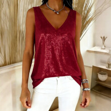 Women's V-neck sequined sleeveless tank top wine red
