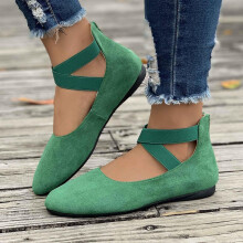 Women's Black Round Toe Stirrup Flats with Ankle Strap