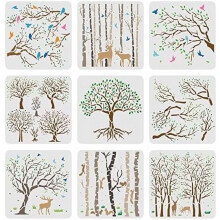 9pcs Life of Tree Stencils (7.9x7.9"), Reusable Aspen Tree & Flying Birds Stencils for Wood, Canvas, Paper, Fabric, Wall, Tile – Compatible with