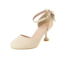 Girls Heels Dress Shoes Flower Girl Pumps with Cute Bow Closed Toe High Heels Adjustable Buckles Wedding Party Beige 12.5-13 Years