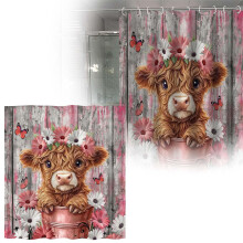 Cow Shower Curtain – Farmhouse Rustic Floral, Funny Highland Cow Design, Compatible with Standard Shower Rods