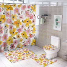 Pink & Yellow Watercolor Floral 4-Pc Shower Curtain Set with Non-Slip Rug, Toilet Lid Cover & Bath Mat – Spring Waterproof Bathroom Decor